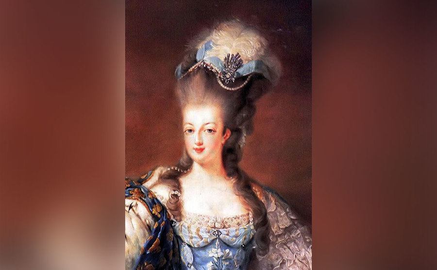 A portrait of Marie Antoinette with large poufy hair. 