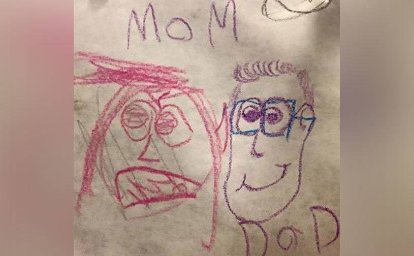 A drawing of an angry-looking mom and a calm, happy dad. 