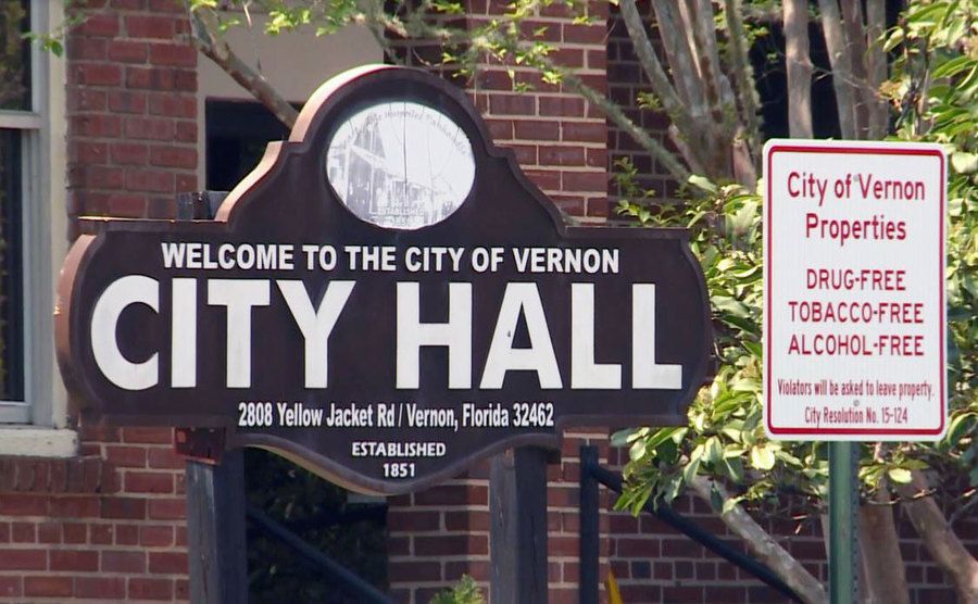 The sign at the entrance to city hall in Vernon. 